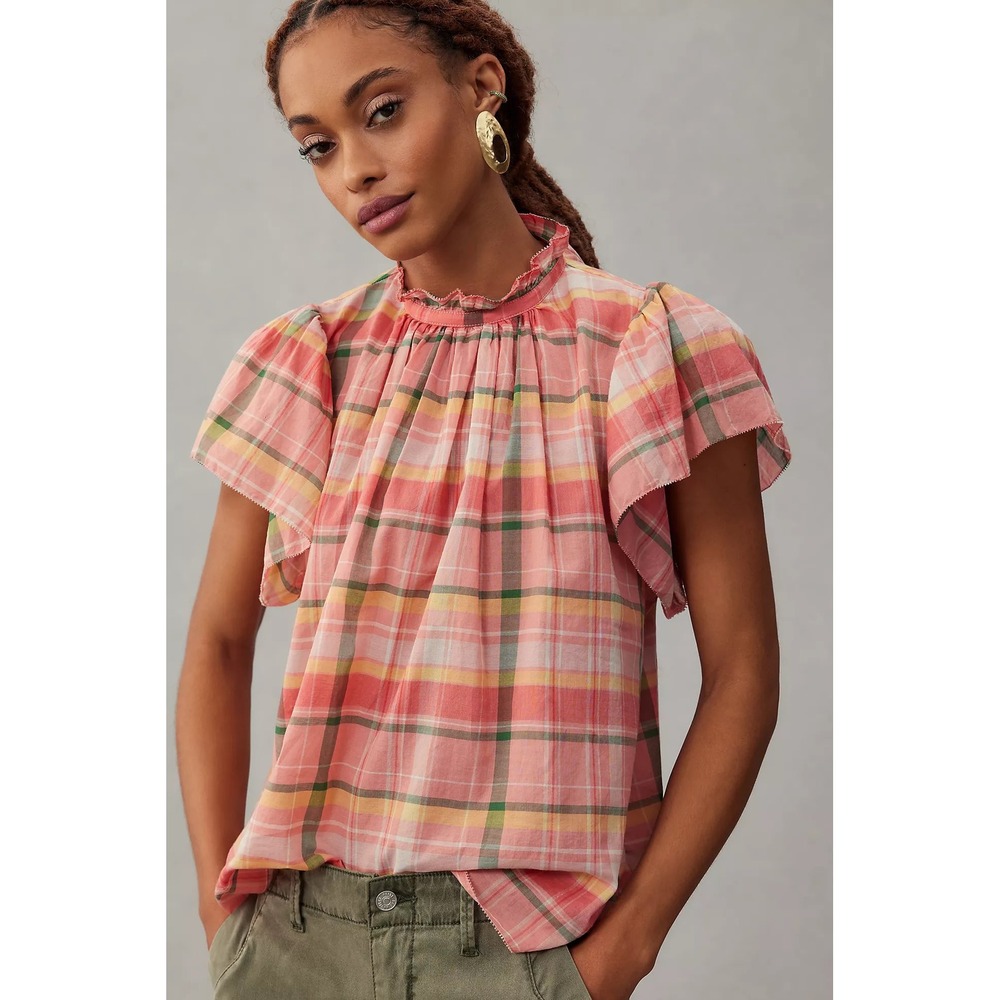 Trovata Birds of Paradis Plaid Flutter Sleeve Cotton Blouse XS NWT 100% Cotton